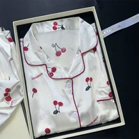 Cherry Print Silk Pajamas Set for Women Summer Short Sleeve Shirt and Shorts Two Pieces Sleepwear Homewear Nightwear - Image 3