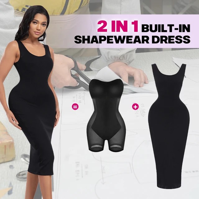 Women Built in Shapewear Maxi Dress Body Shaper Under Dress One Piece Tummy Control Knee Length Skirt Dresses Shapewear 1