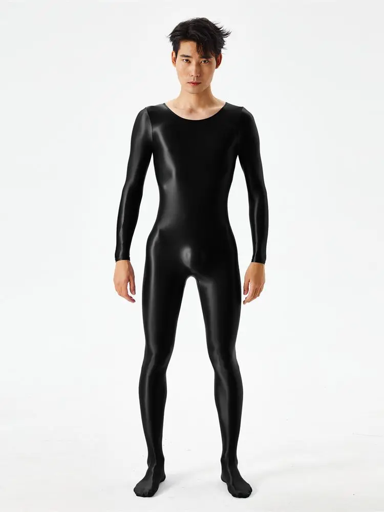 Sexy Oil Shiny Smooth Jumpsuit High Elastic Unisex Full Body Bodysuit O Neck Long Sleeve Tights Shapewear Elegant Club Costumes cosplay costume