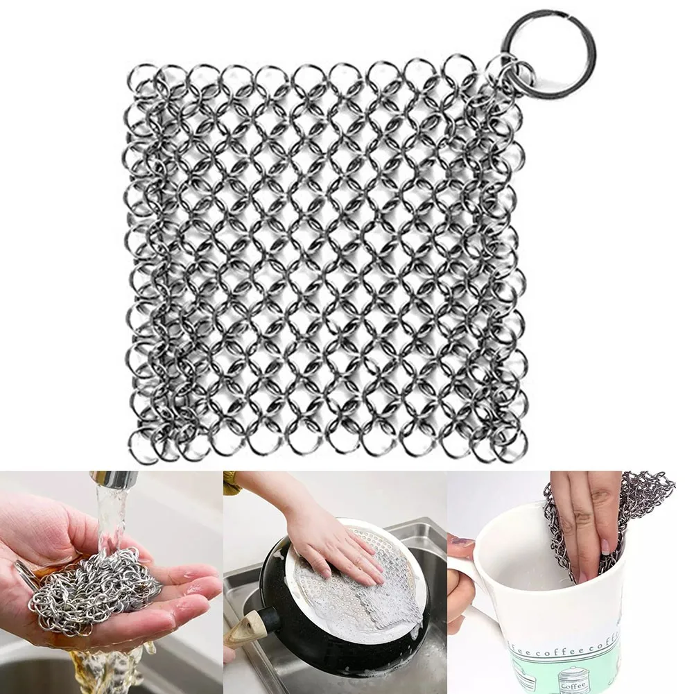 Kitchen Stainless Steel Cleaner Chainmail Scrubber with Insert Silicone Pad  Reusable Washing Net Cleaning Tool for Cookware Pan - AliExpress