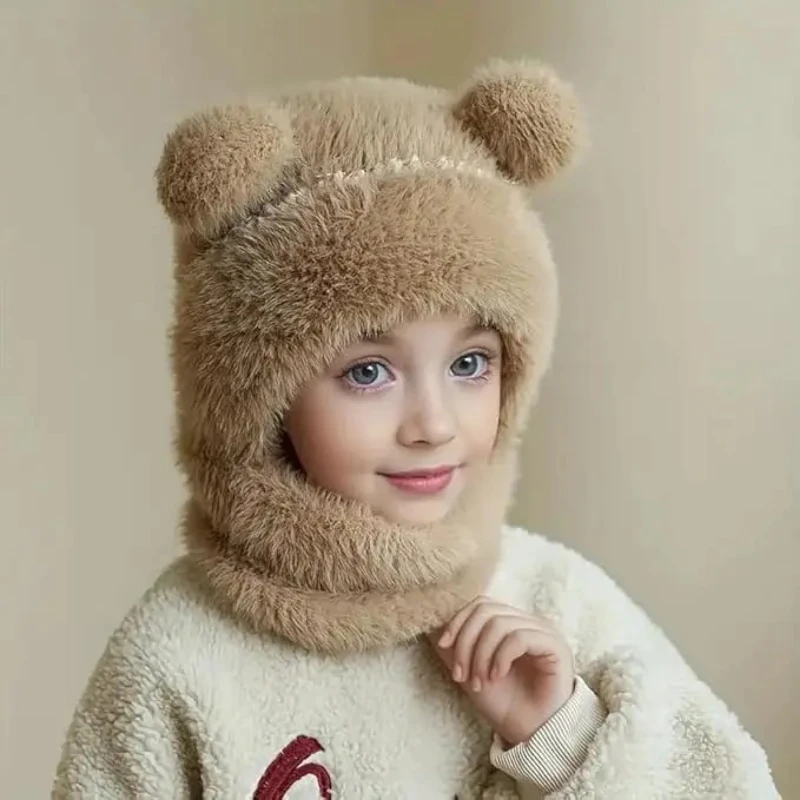 Kids Plush Scarf Pullover Cap Winter Warm Ear Protection Hat 2-10 Years Children One Piece Beanie Bear Neck Protection Cap