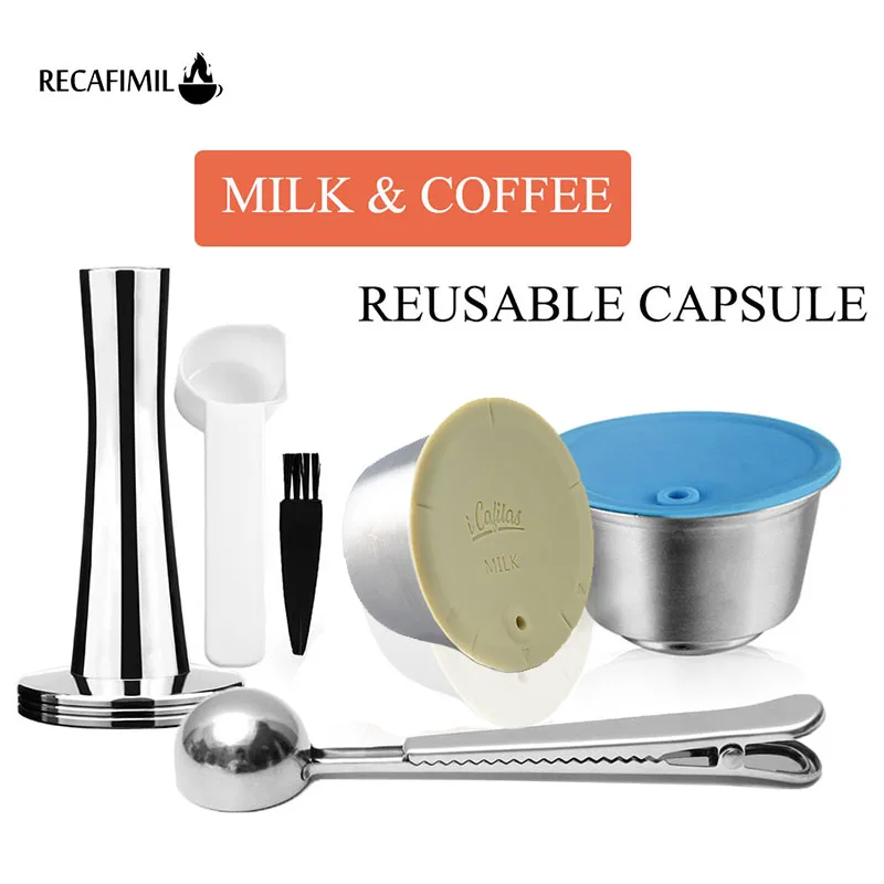 RECAFIMIL-재사용 가능한 크레마 커피 캡슐 및 우유 필터, 네스카페 돌체 구스토 커피 머신 용 스테인레스 스틸, 에스프레소 포드 탬퍼