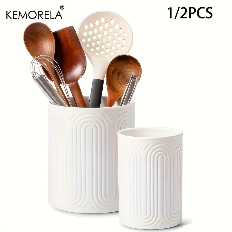 Ceramic Utensil Holder Organizer - Kitchen Countertop Storage Jar for Forks Spoons Knives, White Porcelain Canister, 1/2-Piece