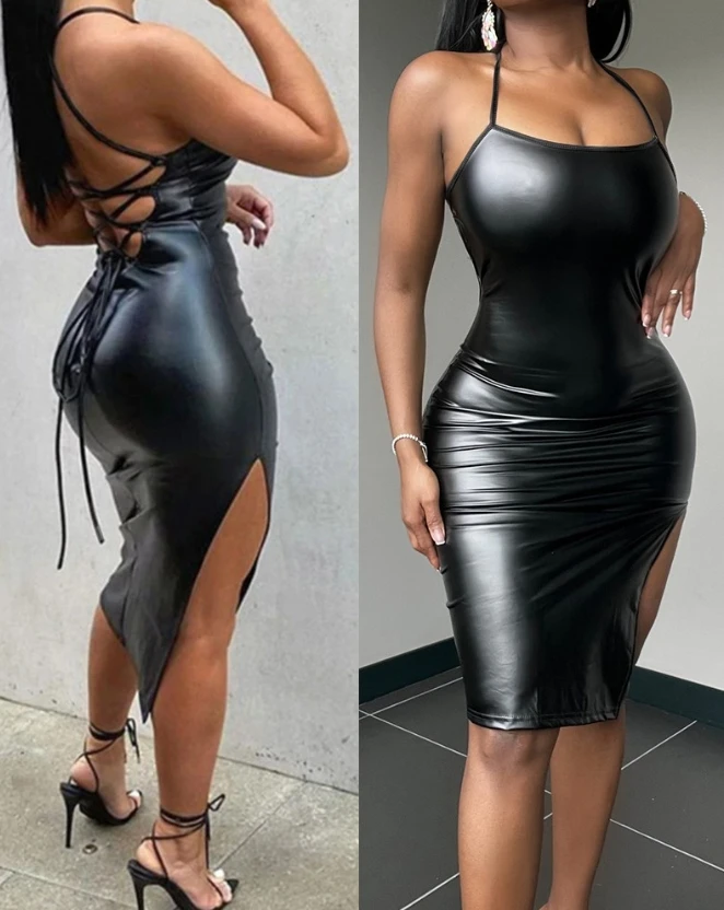 Pu Faux Leather Women Slit Midi Dress Strap V Neck Backless Bodycon Sexy Streetwear
