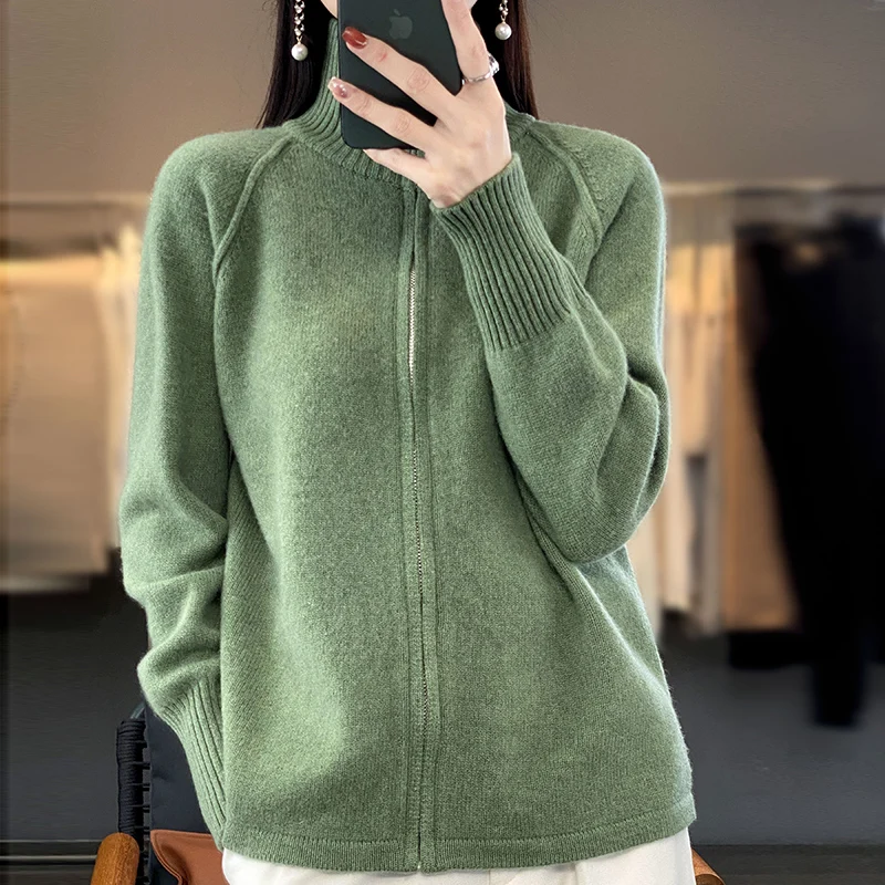 

Spring Turtleneck Zipper Cardigan Wool Sweater Women Knitted Long Sleeve Tops Korean Fashion Loose Outwears Mujer Clothe Jumper