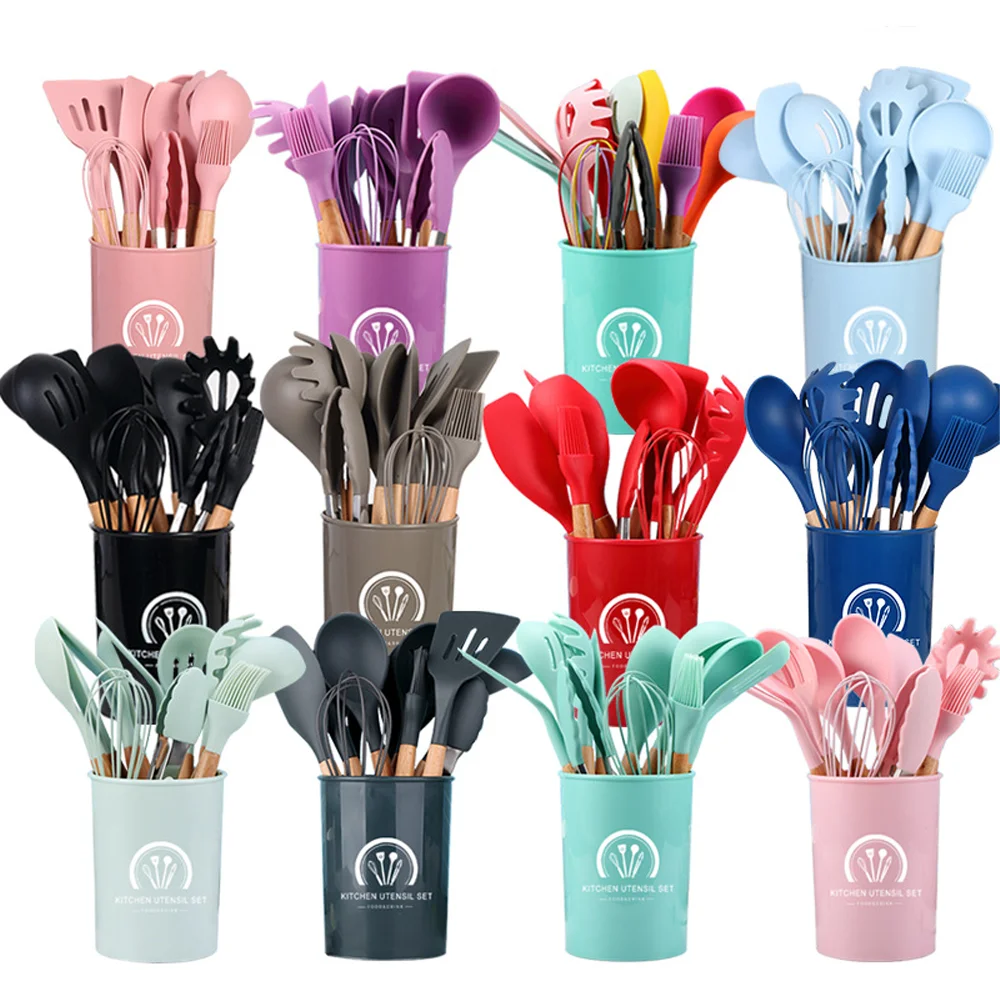 Buy Wholesale China Wood Handle Silicone Cookware Rubber Kitchen Cooking  Tools Utensils 12 Piece Set & Cooking Tools Silicone Kitchenware at USD 8.5