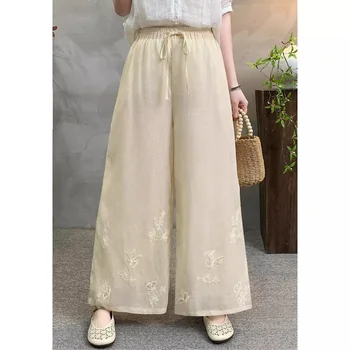 Summer Women's Linen Wide Leg Pants, Elastic Drawstring Waist  Embroidery Loose Culotte Casual Trousers