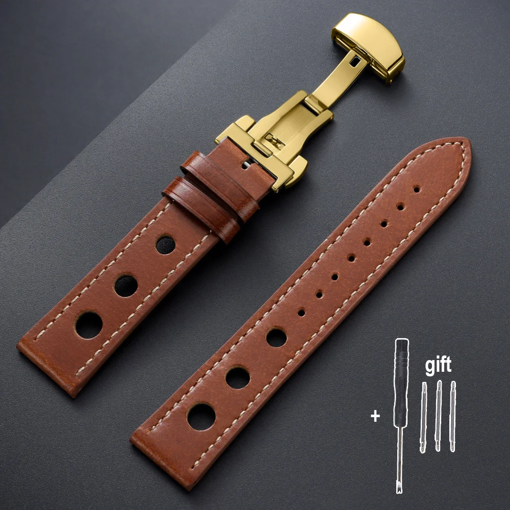 Vintage Brown and Black Oil Wax Cowhide Leather Watch Straps with Butterfly Buckle and Breathable Design