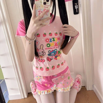 Japanese Kawaii Cartoon Print Tshirts Harajuku Contrast Patchwork Lace Fairy T-shirt Women Y2k Aesthetic Grunge Cropped Tees 1