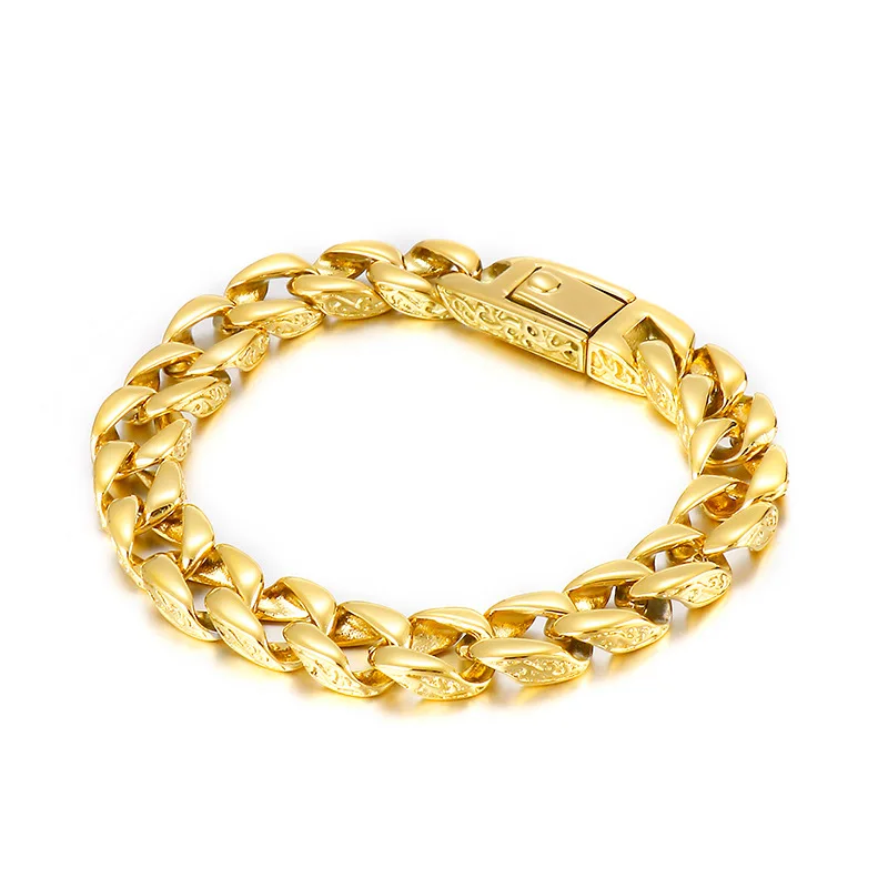 11Mm Punk 18K Gold Plate Pattern Charm Curb Bracciale A Catena Cubana Uomo Donna Hiphop Retro Gioielli In Acciaio Inossidabile Biker Bangle