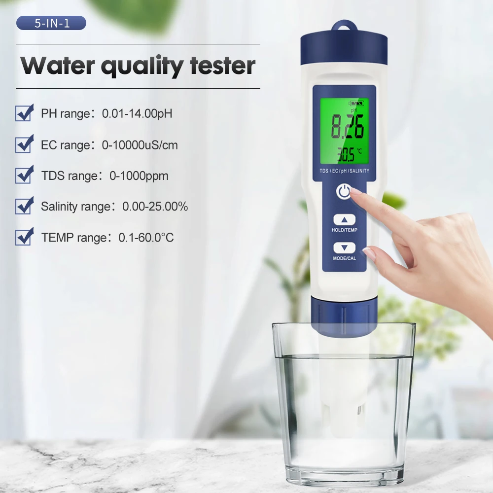 Water Quality Detector Water Tester Professional 5 In 1 TDS/PH/EC/Temp /Salinity Water Analyzer for Pools Drinking Aquarium