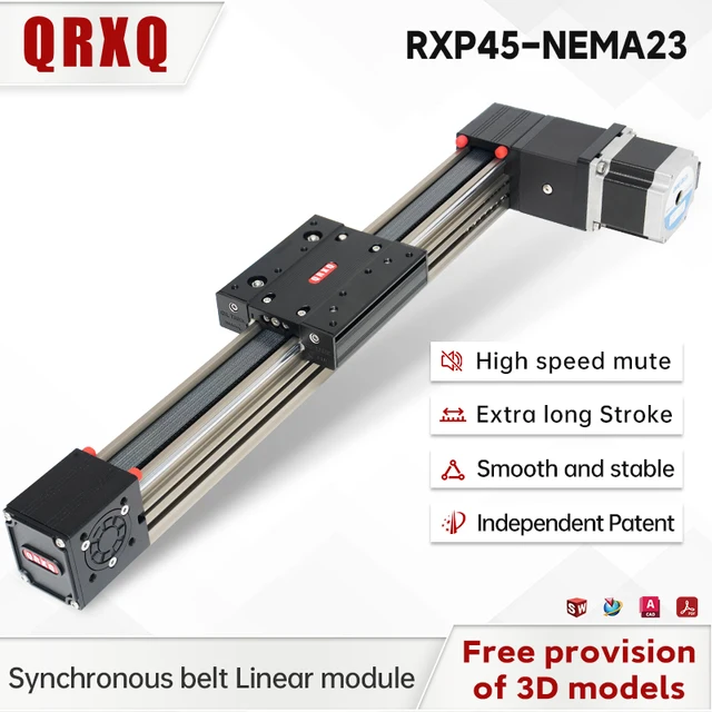โมดูลการเคลื่อนที่แบบรางเลื่อนเชิงเส้น QRXQ RXP45 Nema23 พร้อมมอเตอร์, ระยะการเคลื่อนที่ 100-6000 มม., สายพานไทม์มิ่ง, รางเลื่อนแบบเชิงเส้น, แท่นเลื่อน, รางเลื่อนเชิงเส้นสำหรับเครื่อง CNC 1