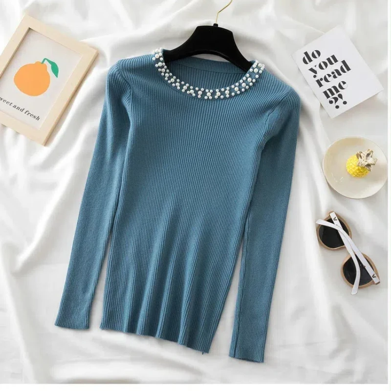 New Autumn and Winter Fashion Women's Casual Women's Long Sleeved Sweater Elegant Pearl Decoration Office Knitwear 28743