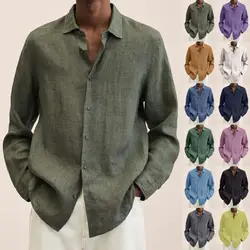 Mens Long Sleeve Cotton Linen Shirts Casual Solid Button-Up Baggy Tops Tee Shirt