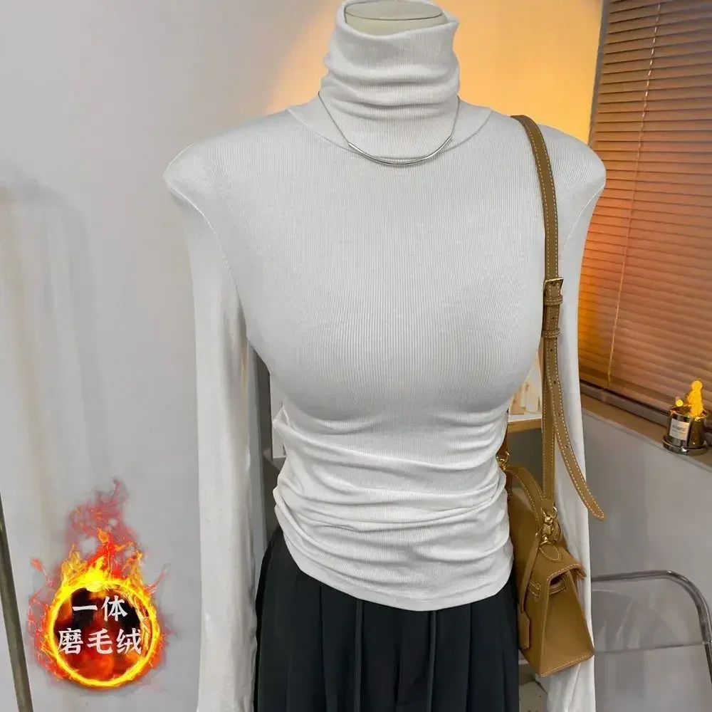 Wholesale Sexy High Strecth Fleeces Top Base Slim T Shirts Women 2023 New Autumn Winter Long Sleeve Turtleneck Solid T Shirt
