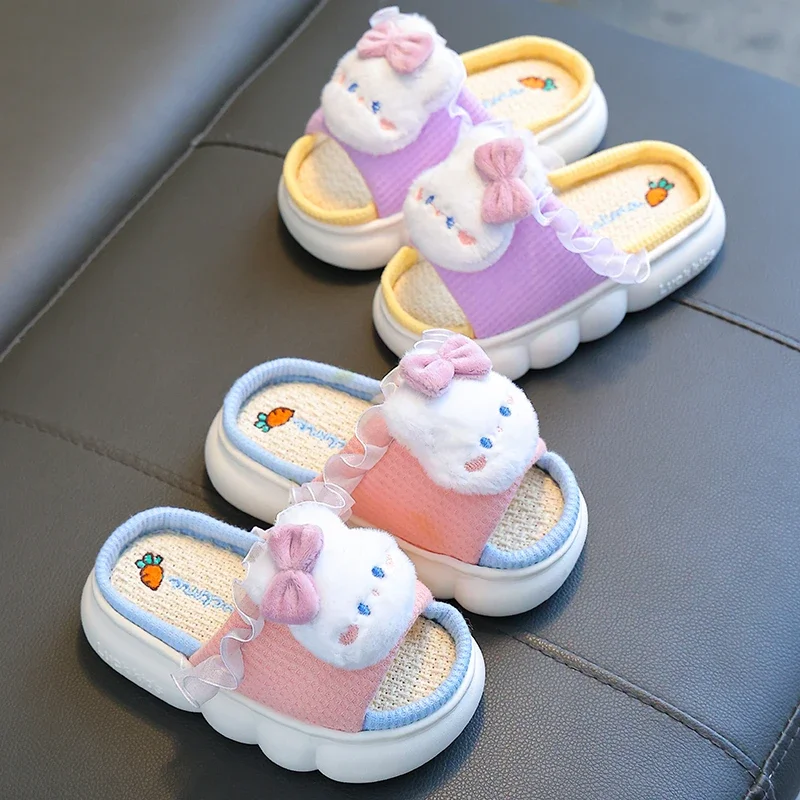 

New Children's Cartoon Rabbit Linen Slippers Spring and Autumn Slides For Girls' Home Indoor Non-slip Mule For Four Seasons