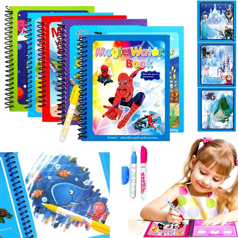Disney Frozen Spider Man Montessori Magicwater Pen Drawing Book Libro Da Colorare Doodle Painting Board For Kids Toy Regali Di Compleanno