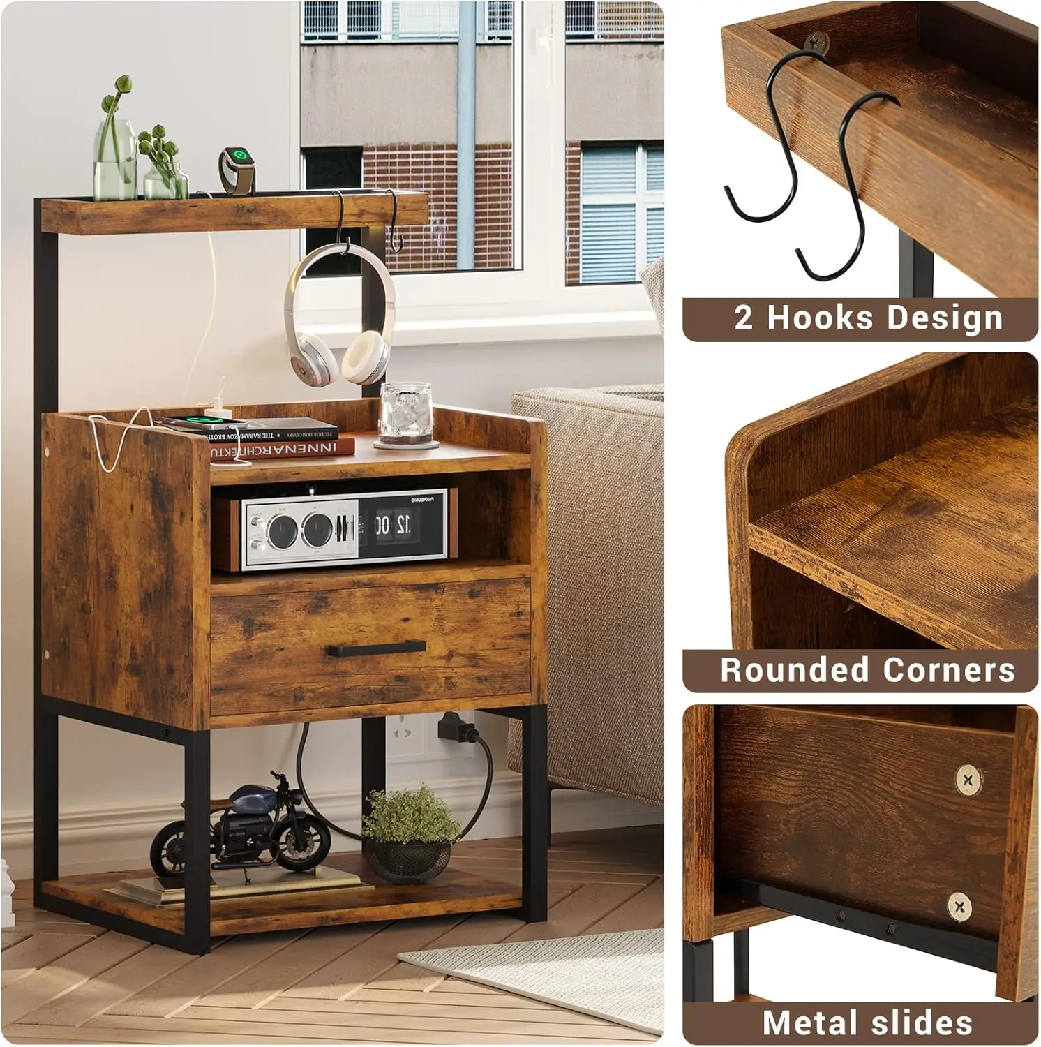 Nightstand Set of 2 with Charging Station, Rustic Brown Night Stands for Bedroom Set of 2, Bedside Table with Storage D