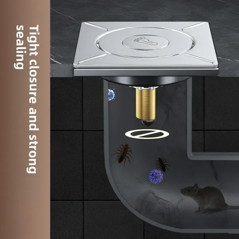 Brass Chrome Pop Up Foot Floor Drain 10*10cm Anti-odor Bath Drains Push Down Deodorization Square Matte Shower Room Plug Cover