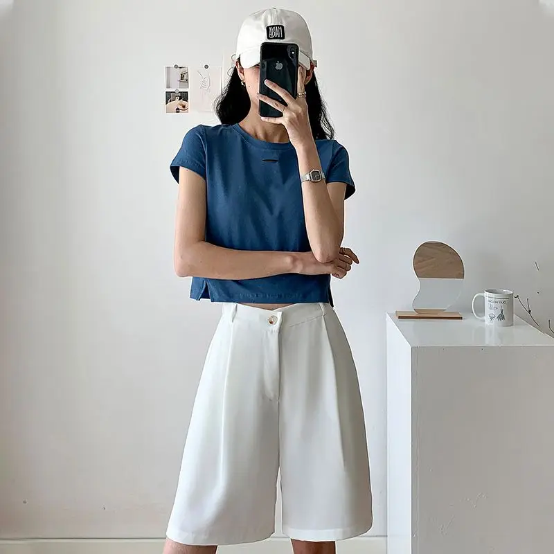 Summer New Loose Casual Solid Color Knee Length Suit Pants Ladies High Waist All-match Wide Leg Chiffon Shorts Women's Clothing