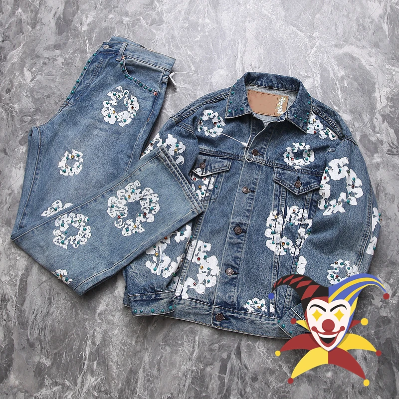 

Washed Inlay Gem Denim Jeans Jacket Men Women 1:1 Best Quality Kanye Heavy Fabric Oversized Jackets Coat