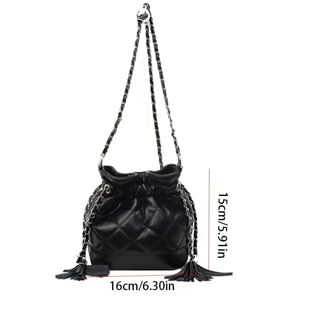 Pu Leather Rhombic Lattice Chain Shoulder Bag Check Tassel Crossbody Bag Underarm Bag Messenger Bag Drawstring Bucket Bag
