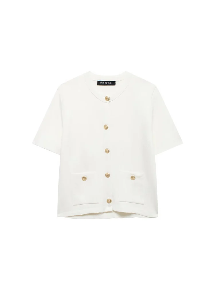 TFMLN Female Knitted Short Sleeve Sweater Women's Summer New O-neck Cardigan Loose Casual Single Breasted Lady Pockets Tops