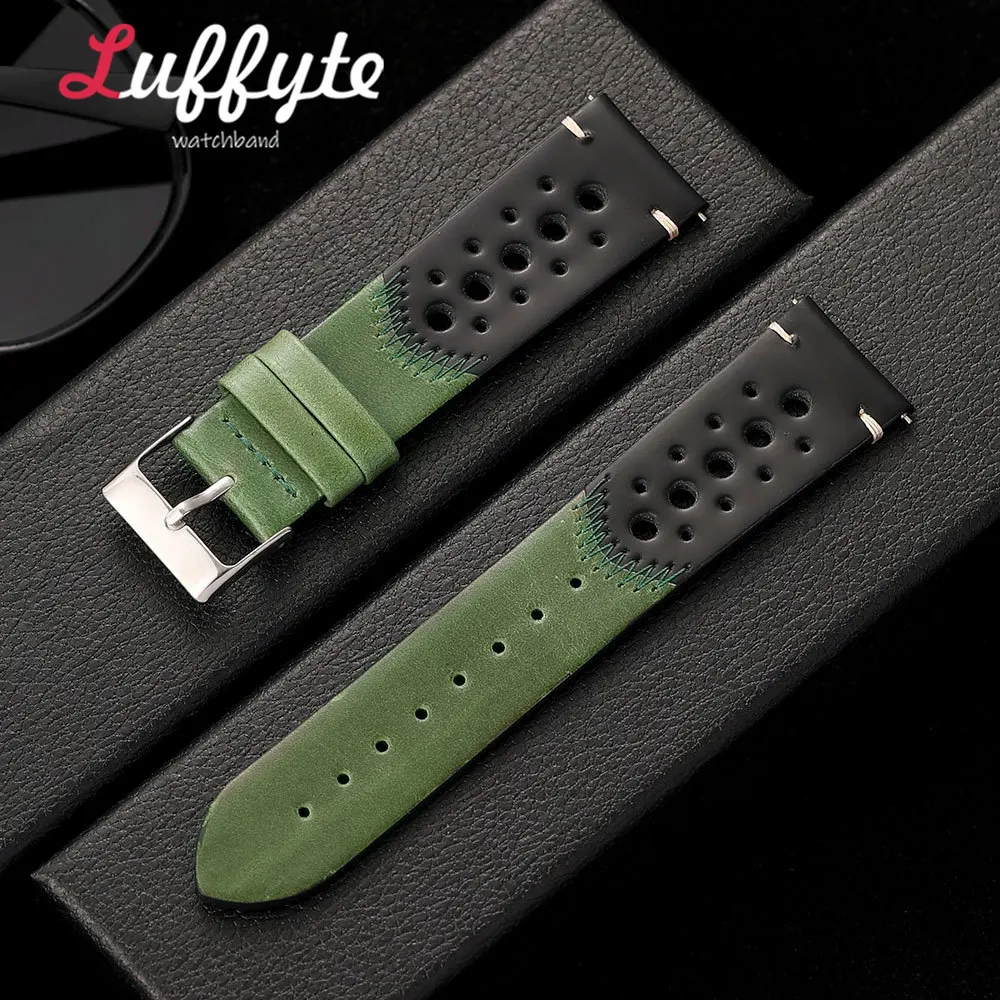 Vintage Oil Waxed Leather Watch Strap with Quick Release and Personalized Stitching