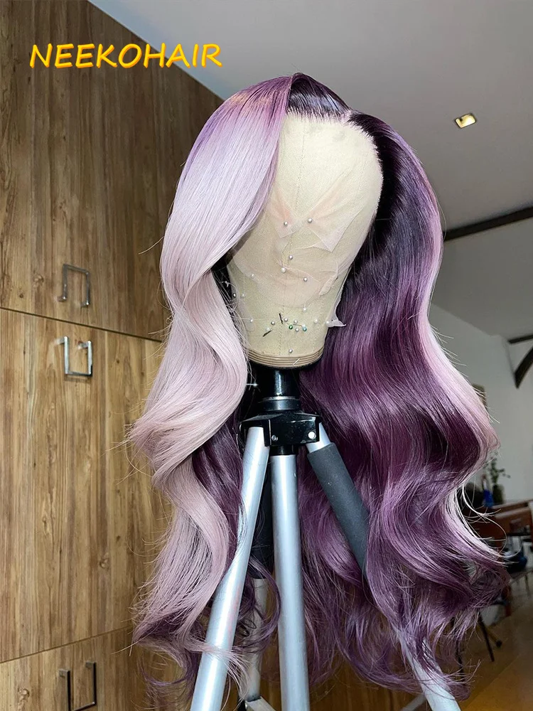 

13x6 HD Ombre Purple Human Hair Lace Front Wig Pre Plucked Colored Stripe Purple 13x4 Lace Frontal Or 4x4 Closure Wigs For Women