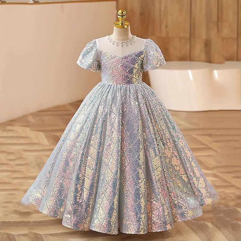 

Real Picture Shining Flower Girl Dress for Wedding Short Sleeves Full Sequined Girls Birthday Gown Pageant Dress Size 1-14T