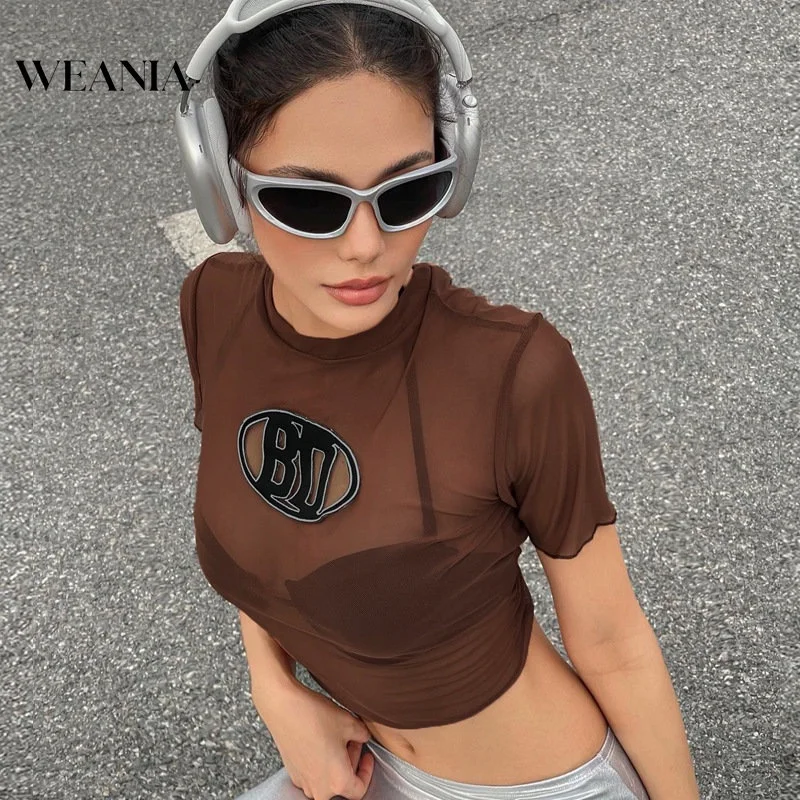 

Women Y2k Summer Letter Embroidered Mesh See-through Fungus Cropped Top T-shirt
