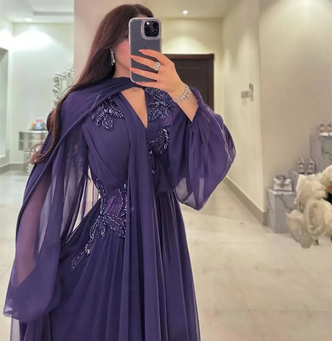 

Vintage Purple Evening Dresses Puff Sleeves Chiffion Prom Dress Appliques Long Abendkleider Dubai Formal Occasion Party Dress