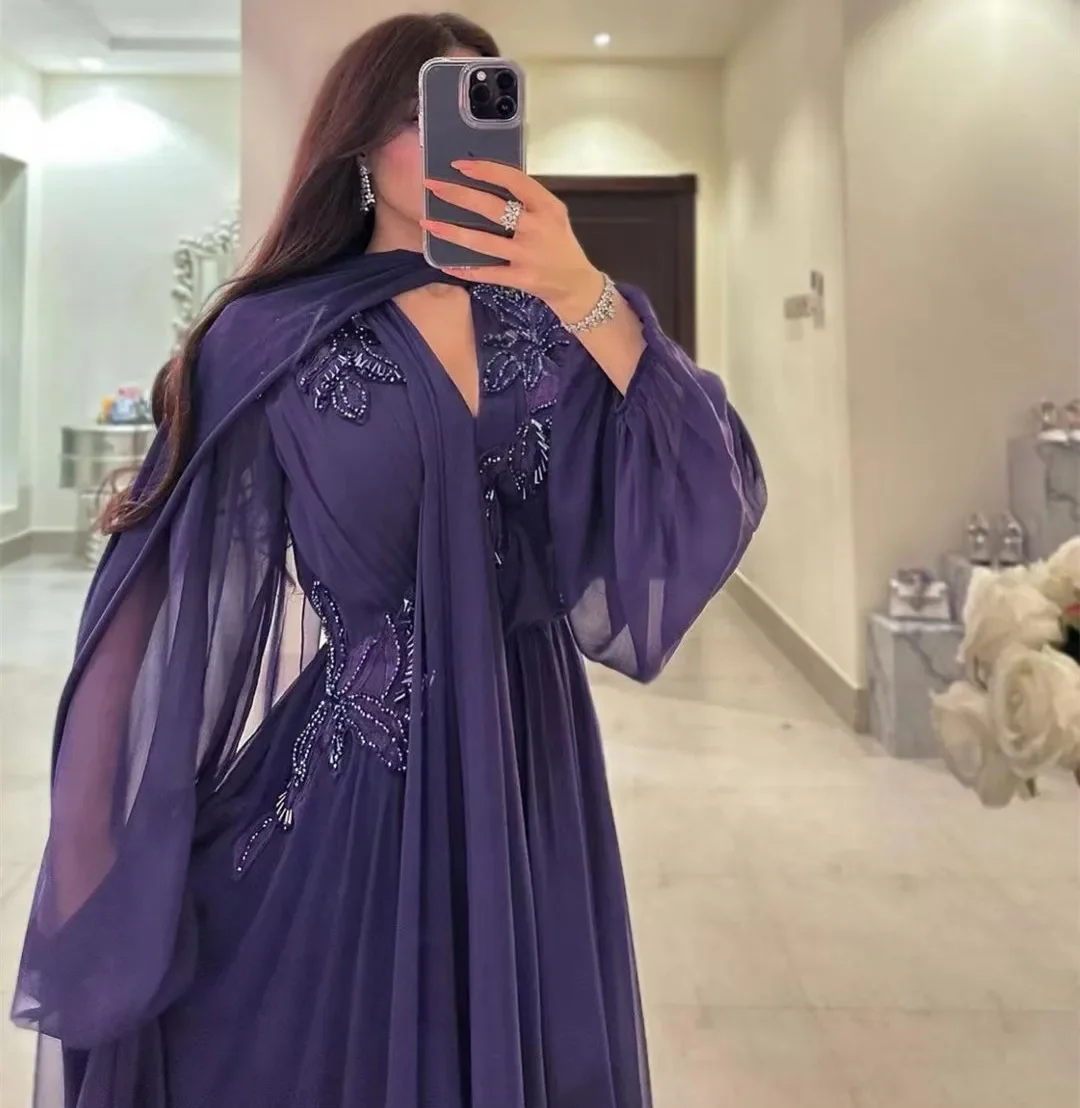 Vintage Purple Chiffon Appliques Long Evening Dress Formal Prom Dress Y9730