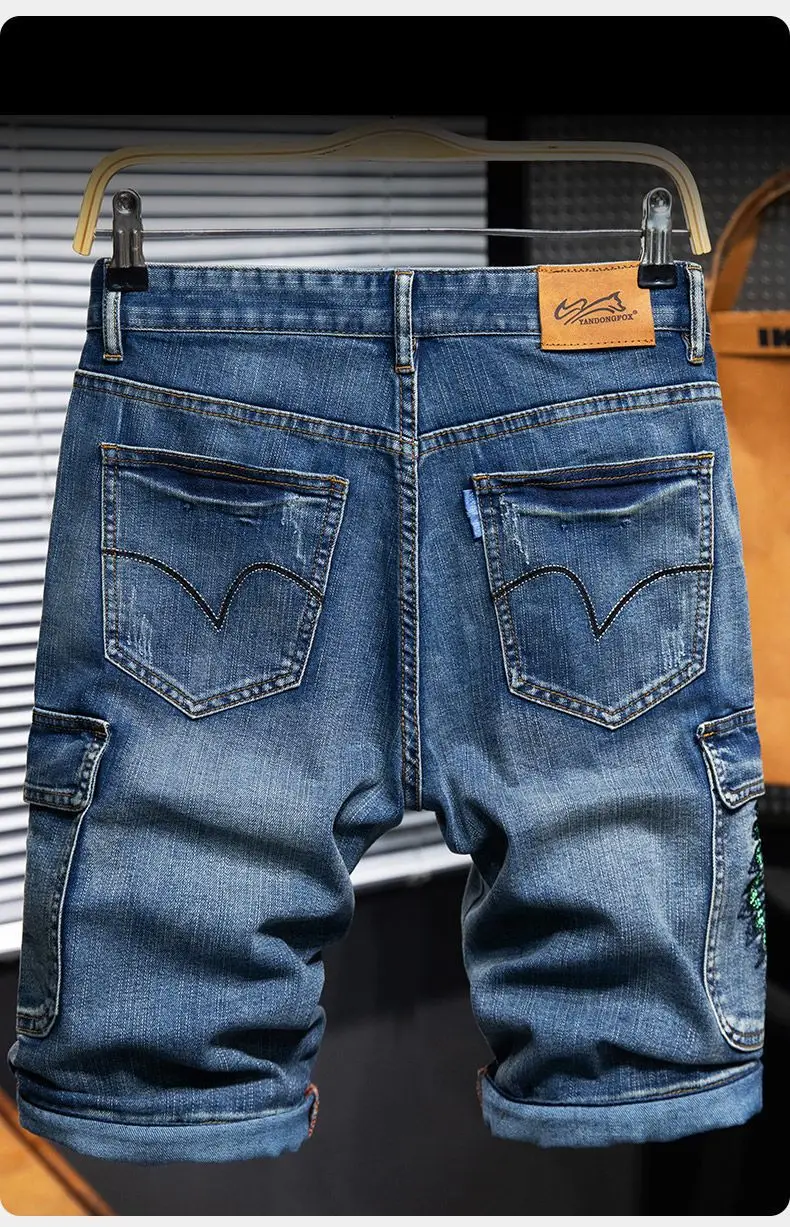 Embroidery Multi-pocket Denim Shorts Men's Pants Large Size Loose Outer Wear Medium Pants Summer Cargo Jeans Denim Short Men