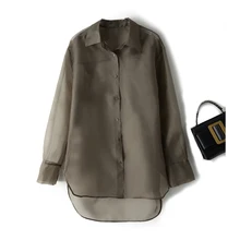 

Natural Silk Thin See Though Formal Dress Shirts Long Sleeve Ladies Tops 2022 Spring Summer Single Breasted Button Blouse