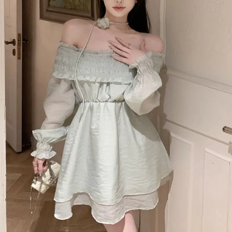 

2023 Dress Off Shoulder Lotus Leaf Edge Chiffon Wrapped Chest Long Sleeve Women's Pleated High Waist Free Shipping