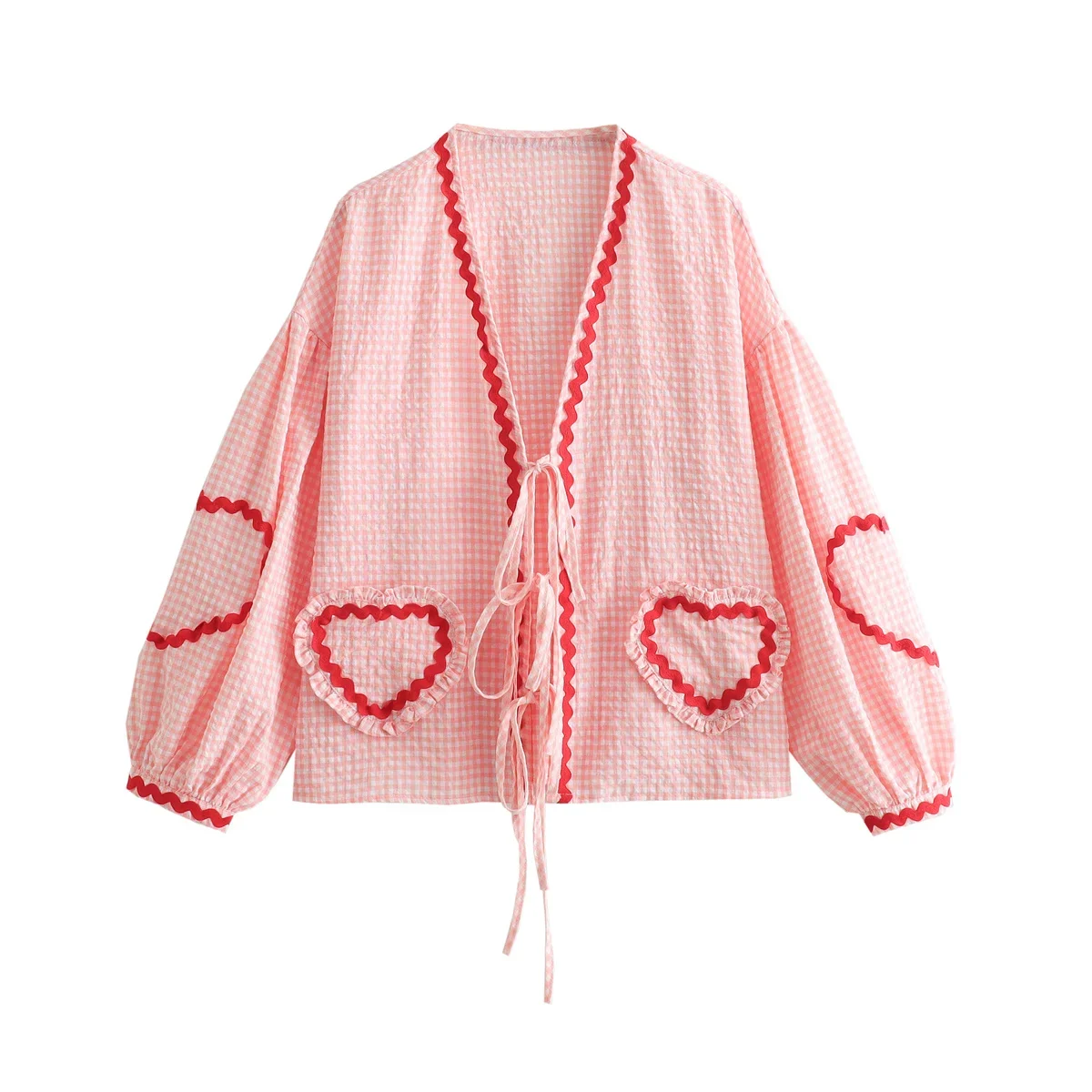 New Vintage Women Loose Heart Pockets Shirts 2024 Fashion Ladies Casual V Neck Bow Buttons Blouses for Female Chic Tops Clothes