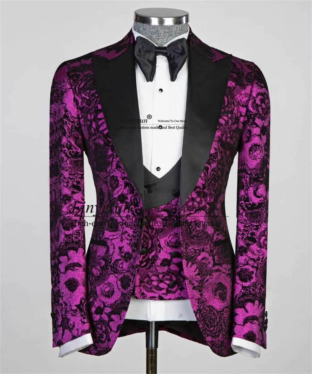 Fashion Jacquard Men Suits Notched Lapel Groom Wedding Tuxedos Male Prom Blazers Vest Pants Outfit 3 Pieces Sets Costume Homme