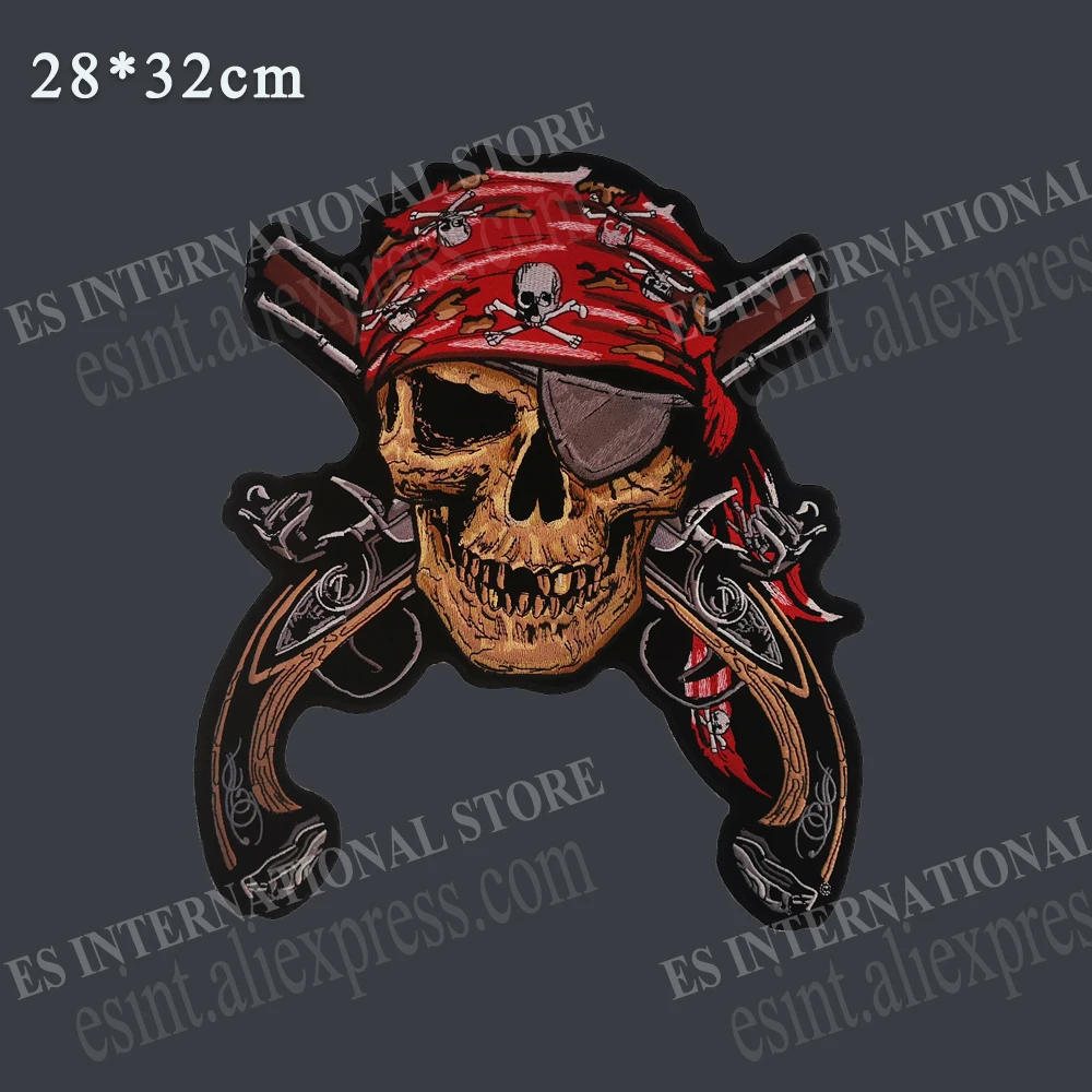 

12.6 inches large Embroidery Patches for Jacket Back Vest Motorcycle Club Biker MC Sew On Pirate Skull Double Guns Single Eye
