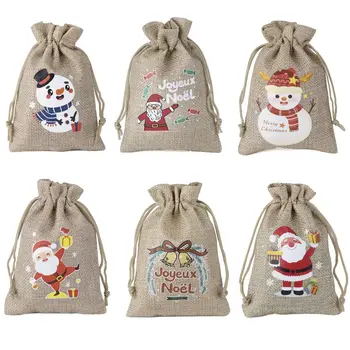5pcs/lot 9.5x13.5cm Christmas Burlap Bag Drawstring Pouches Snowman For Christmas Party Candy Gift Packing