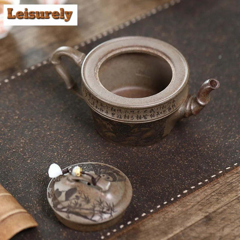 290ml High-end Yixing Purple Clay Teapots Handmade Panda Bamboo Pot Raw Ore Agilawood Mud Kettle With Infuser Zisha Tea Set Gift