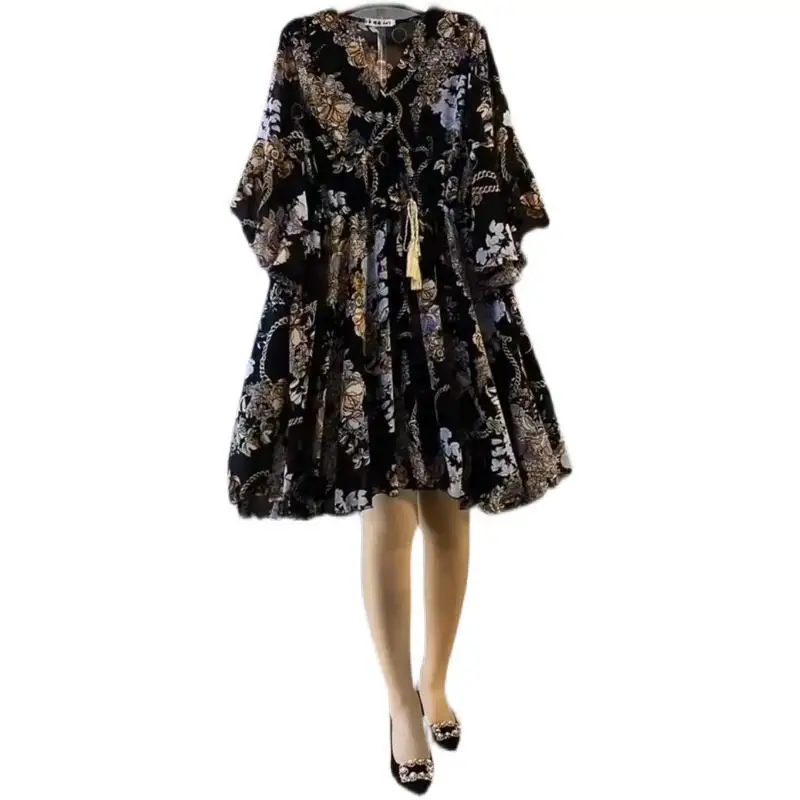 Plus Size Spring Summer Women's Clothing Beach Printing Flare Half Sleeve Fashion V-Neck Floral Chiffon Loose Midi Dresses 6XL