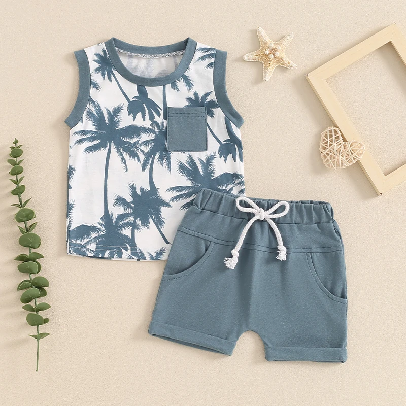 

Suefunskry Kids Boys Summer Casual Shorts Sets Sleeveless Tropical Tree Print Tank Tops Solid Color Shorts Sets for Vacation