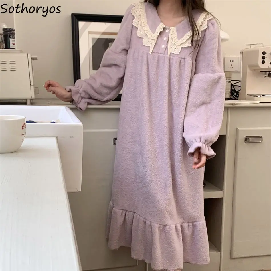 

Фиолетовые ночные рубашки, Женская Милая Кружевная Пижама с отложным воротником, стильная одежда для принцессы, для колледжа, для отдыха, общежития, Осень-зима