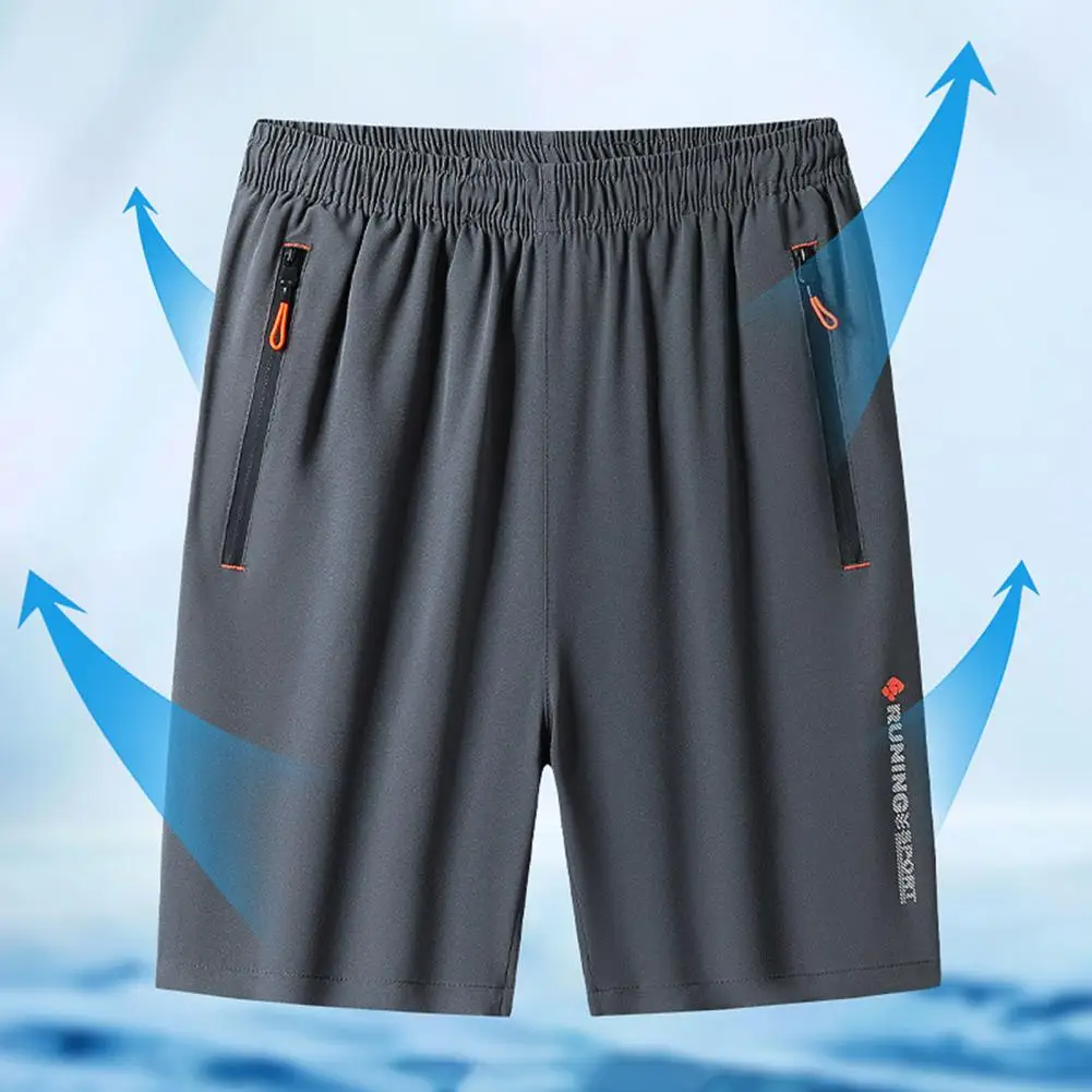 

Quick-drying Fitness Shorts Men's Quick-drying Elastic Waistband Beach Shorts with Zipper Pockets Solid Color Wide for Summer
