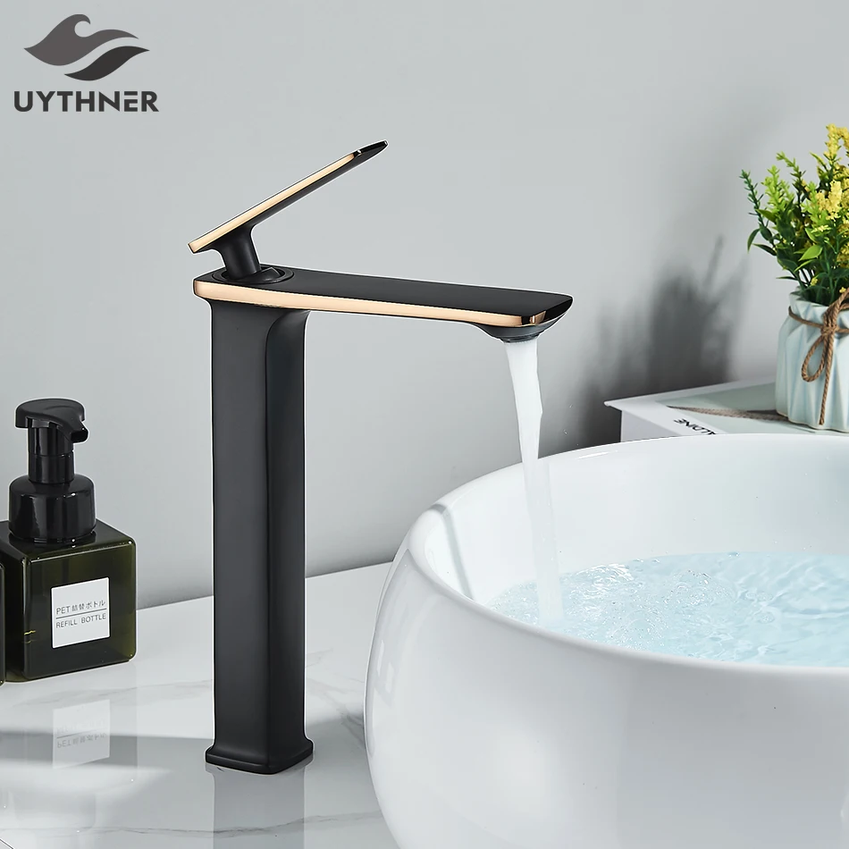 Uythner Black Basin Faucets Deck Mounted Bathroom Faucet Hot And Cold Water Mixer Crane Tap Vanity Faucet Mixer Washbasin Taps