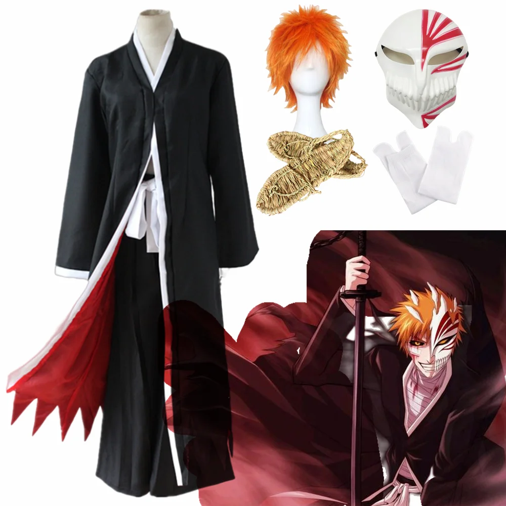 

Аниме отбеливатель Косплей Ichigo Kurosaki костюмы ажурная маска мужской Ichigo парик черный плащ с соломинкой женские топы брюки комплект