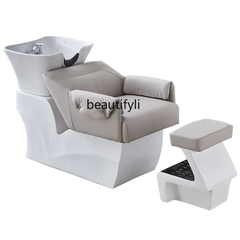 High-End Ceramic Basin Half Lying Shampoo Chair Hair Saloon Dedicated Stainless Steel Hairdressing Flushing Bed Massage Couch high grade shampoo chair stainless steel massage shampoo dedicated ceramic basin lying half flushing bed