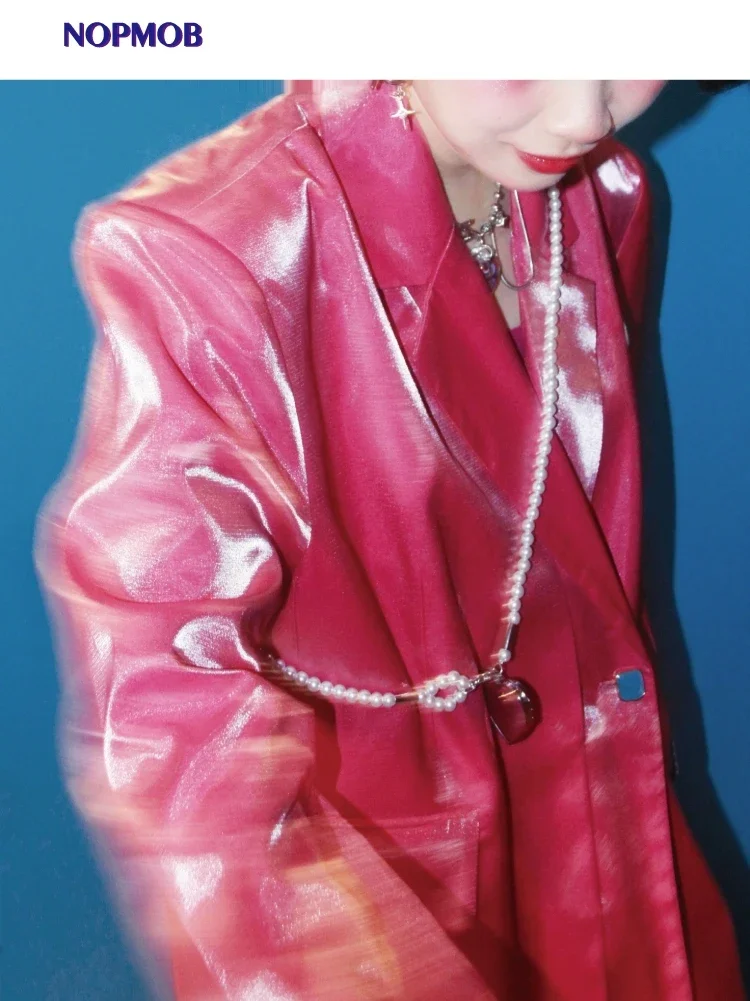 

NOPMOB Women Peach Pink Oversized Tailored Jacket Lake Sparkling Polarized Retro Design Fashion Punk Y2k Loose Suit Blazer