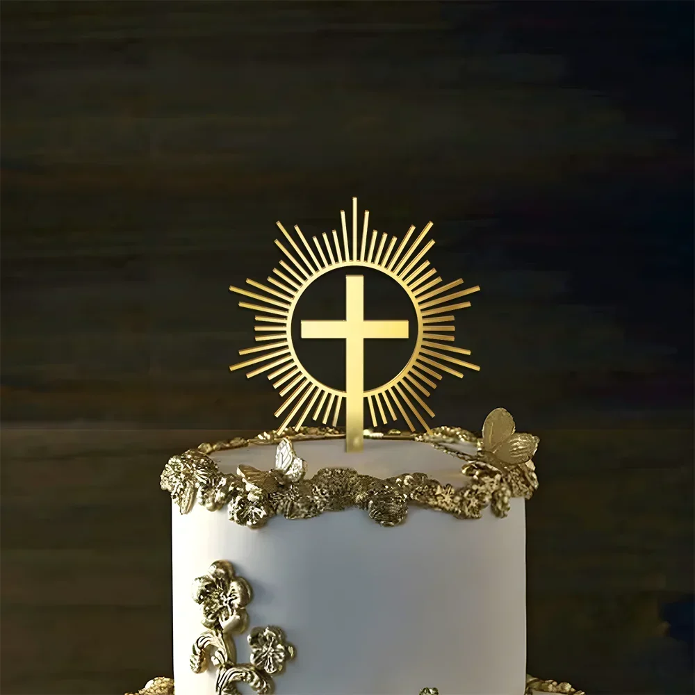 Cross Cake Topper Gold Acrylic Baptism Christening Happy Birthday Cake Toppers Communion Wedding Party Baby Shower Decoration